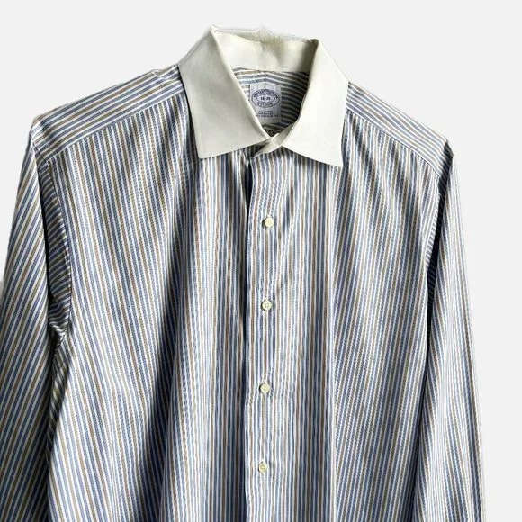 Brooks Brothers Men's Dress Shirt, Pinstripe blue and brown, Size 16-35 - Picture 2 of 7
